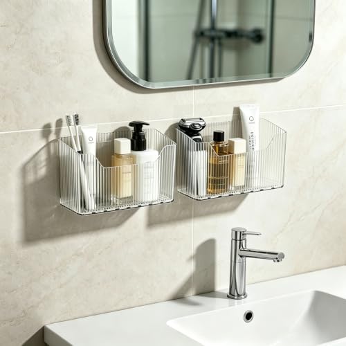 4 Pack Cabinet Door Organizer, Adhesive Wall Mounted Stackable Clear Storage Basket for Kitchen, Bathroom, Pantry, Under Sink, Office, Tabletop, and Cabinet Door Organization