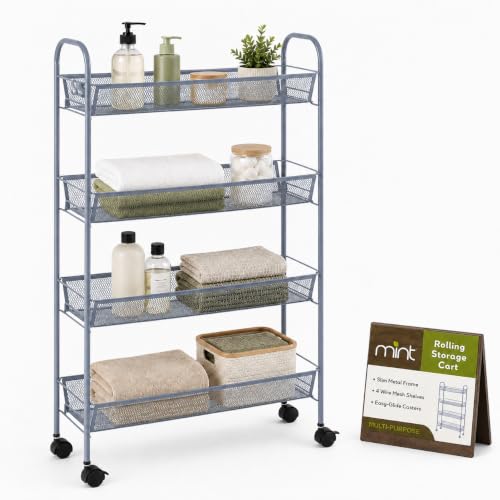 American Dream Matte Grey 4-Tier Mesh Basket Rolling Cart with Wheels Slim Metal Storage Organizer Trolley, 22.4" x 7.3" x 37.4" - color: Gray
