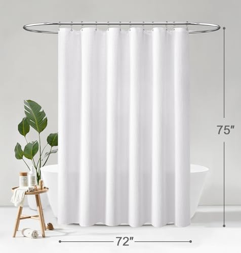 Waffle Weave Shower Curtain Heavyweight Cotton Fabric White 72Wx75L | Soft Cotton Cloth,3D Square Truely Waffle Washable, Hotel Luxury Spa, Shower Curtain Set for Bathroom 12 Plastic Hooks - color: White, size: 72"W x 75"L