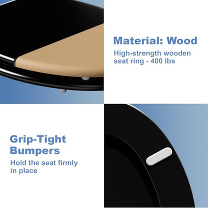 Round Black Slow Close Toilet Seat, Heavy Duty Wood Toilet Seat with Baked Enamel Finish, Support 400 bls, Toilet Lid with Soft Close Zinc Alloy Hinges, Grip-Tight Bumpers, Easy Clean, Quick-Assembly - color: Black, size: Round Slow Close