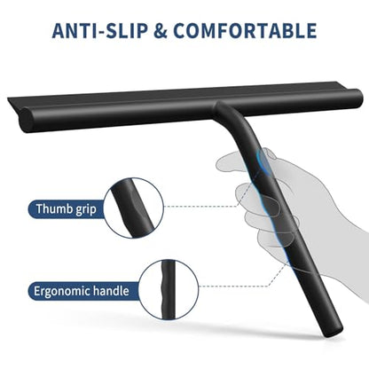 ecooe Shower Squeegee for Glass Doors,11" Shower Glass Cleaner | Silicone Streak-Free Wiper with Hanger and Stainless Steel Core for Bathroom, Kitchen & Car Windows, Black - size: 02-Silicone 11″/28cm