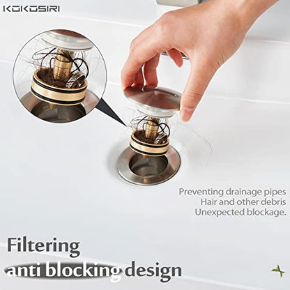 KOKOSIRI Pop Up Sink Drain with Strainer Basket, Brushed Nickel Bathroom Sink Drain with Detachable Hair Catcher Anti Clogging for Vanity Vessel Sink Without Overflow, C1002BR - color: Brushed Nickel