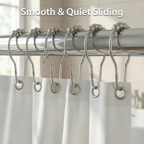 Shower Curtain Hooks Rings Set of 12, Rust Resistant Metal Double Glide Shower Hooks with Smooth Roller Balls for Bathroom Shower Rods and Curtains Nickel - color: Nickel