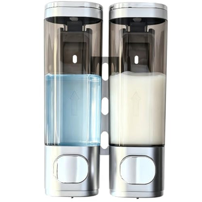 2-Chamber 10oz/300ML Silver Plastic Hand Wall Mounted Soap Dispensers | Refillable Shampoo Conditioner Shower Dispenser No Drill, Clear Manual Pump Dispenser for Bathroom Hotel Kitchen - color: 2-chamber Silver