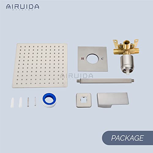 Airuida 10 Inch Brushed Nickel Shower Faucet Set,Rainfall Shower System | Ceiling Shower Head,Male Thread Rough-in Valve,Ceiling Mount,Single Handle - color: Brushed Nickel, size: 10 Inch