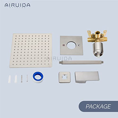 Airuida 10 Inch Brushed Nickel Shower Faucet Set,Rainfall Shower System | Ceiling Shower Head,Male Thread Rough-in Valve,Ceiling Mount,Single Handle - color: Brushed Nickel, size: 10 Inch
