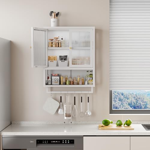 Bathroom Wall Cabinet with 2 Glass Door, Bathroom Medicine Cabinet with Towels Bar and Shelves, Over The Toilet Storage Cabinet, Metal Wall Mounted Cabinet for Kitchen (Upgraded White) - color: Upgraded White