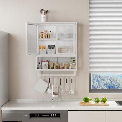 Bathroom Wall Cabinet with 2 Glass Door, Bathroom Medicine Cabinet with Towels Bar and Shelves, Over The Toilet Storage Cabinet, Metal Wall Mounted Cabinet for Kitchen (Upgraded White) - color: Upgraded White