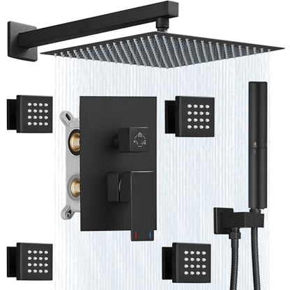 Hoimpro 12 Inch Rainfall Shower Faucet with 4 Full Body Shower Jet Fixtures Combo, Shower System Set with Rain Mixer Shower Head and Brass 2 in 1 Spray Handheld Showerhead, Wall Mounted, Matte Black - color: Black