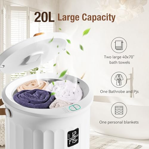 Towel Warmer for Bathroom, Portable Towel Warmer with Towel Clip, LED Display, Auto Shut-Off, Safety Lock, Towel Warmer Bucket Fits Two Oversized Towels, Bathrobes, Blankets, Pjs - White