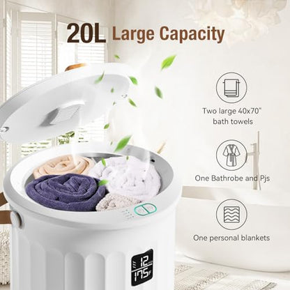 Towel Warmer for Bathroom, Portable Towel Warmer with Towel Clip, LED Display, Auto Shut-Off, Safety Lock, Towel Warmer Bucket Fits Two Oversized Towels, Bathrobes, Blankets, Pjs - White