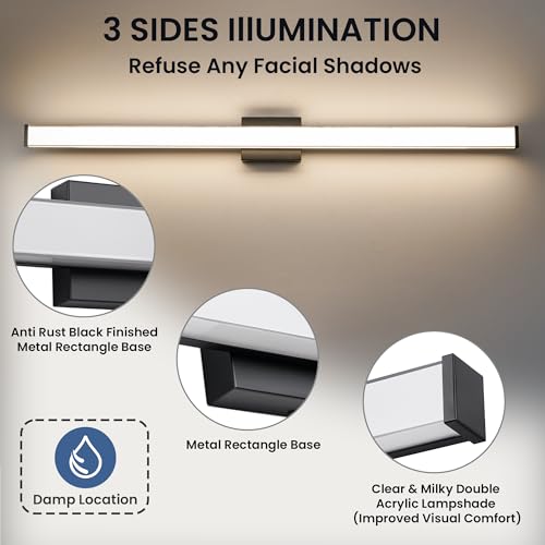 Modern LED Bathroom Vanity Light 48 inch 32W Dimmable 3CCT Bathroom Light Fixture Over Mirror Rectangle Bath Vanity Light Bar with Double Layer Acrylic Shade (Matte Black) - color: Black, size: 48 inch