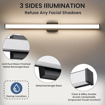 Modern LED Bathroom Vanity Light 48 inch 32W Dimmable 3CCT Bathroom Light Fixture Over Mirror Rectangle Bath Vanity Light Bar with Double Layer Acrylic Shade (Matte Black) - color: Black, size: 48 inch