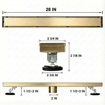 AVSIILE Linear Shower Floor Drain, Brushed Gold 28 Inch 304 Stainless Steel Bathroom Drains Kit, Rectangular Shower Trench Drain with Reversable Tile-in Pattern Drain Cover & Hair Catcher - color: Brushed Gold, size: 28 Inch
