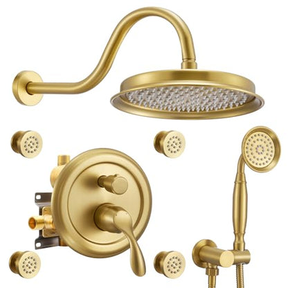 DASAN Antique Shower Faucet Sets Complete Rain Shower System in Wall with Body Shower Spray Jets, Brushed Gold Shower Fixtures with 9'' Rainfall Overhead Shower, Handheld, Valve & Trim Kit, AT249W-BTG - color: Brushed Gold