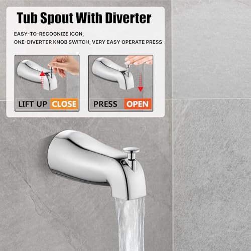 Heyalan 8-Inch Shower Faucet Set with Tub Spout and Valve, Polished Chrome | 8-inch square rainfall head, tub spout with diverter, male-thread rough-in valve, single-handle control and wall-mount design - color: Polished Chrome, size: 8 Inch Square Shower