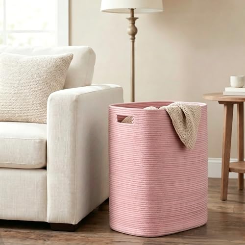 Large Laundry Hamper 16"x13"x22" - Tall Woven Laundry Basket, Cotton Rope Dirty Clothes Hamper, Baby Kids Nursery Wicker Laundry Basket, Bedroom Aesthetic, Soft Laundry Bin, Pink Hamper, 75L - color: Pink