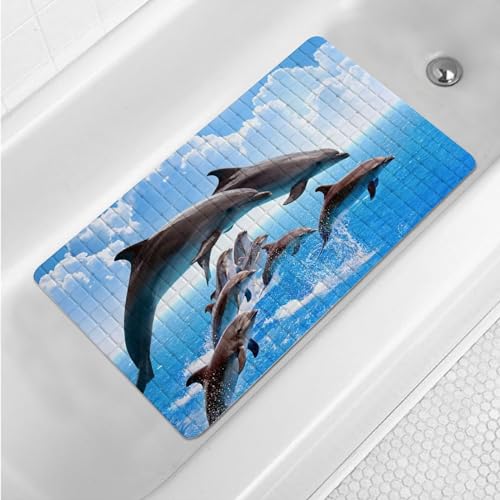 Dolphins Bathtub Mat Non Slip for Kids Cute Dolphins Bath mat 15"x27",Jumping Dolphins Bathroom Bathtub Mats,Drain Holes Suction Cups, Washable Shower Mat Anti Slip,Jumping Dolphins - color: Jumping Dolphins