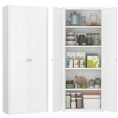 71" Tall Kitchen Pantry Storage Cabinet, Kitchen Storage Cabinet with Doors and 4 Adjustable Shelves, Metal Freestanding Cupboard for Garage Dining Room Living Room Bathroom, White - color: White, size: 71H
