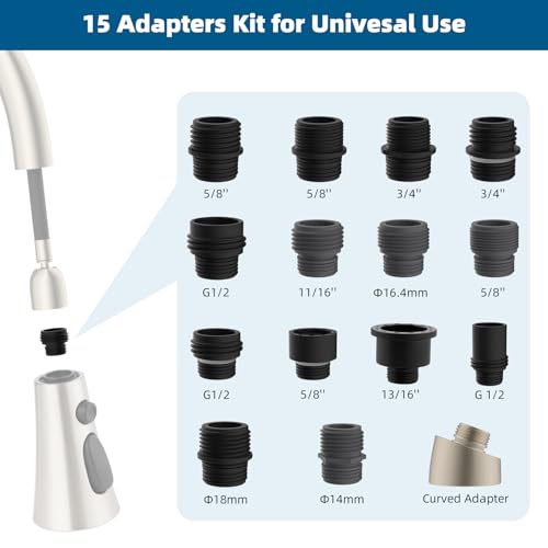 Hibbent 15 Pieces Pull Down Kitchen Faucet Head Adapter Kits with Curved Adapter, Multiple Sink Spray Head Adapters Compatible with Moen, American Standard, Delta, Kohler Faucets