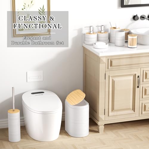 XLHOMO White Bathroom Set - 10PC Bathroom Accessories Set, Luxury Bathroom Accessory Set with Trash Can,Toilet Brush & 2 PC Soap Dispensers for Apartment Decor and Housewarming - size: Press-lid Bathroom Set, style: White