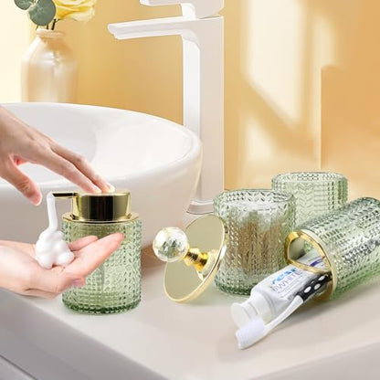 DASITON Bathroom Accessories Set,4Pcs Glass Bathroom Counter Set with Foaming Soap Dispenser,Toothbrush Holder,Bathroom Tumbler,Cotton Swab Jars, for Vanity Bathroom Decor (Green) D1102 - style: Green