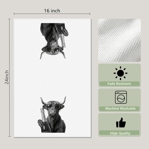 Funny Highland Cow Wine Kitchen Dish Towels Set of 2-Gifts for Wine and Cow Lovers, Western Highland Heifer Hand Tea Towels for Home Bar Kitchen, 16x24 Inches-042 - color: Wcolor 007