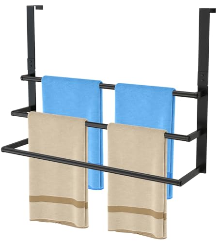 24Inch Over the Door Towel Rack, Stainless Steel DOKU Door Towel Hanger, Over Door Towel Holder with 3 Tier Towel Bars, Matte Black Over Door Towel Storage for Bathroom
