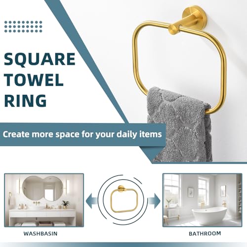 Brushed Gold Towel Ring for Bathroom, Rustproof 304 Stainless Steel | 180° Swivel Hand Towel Holder, Modern 7.09" Square Hanging Loop, Easy Towel Hang & Grab, Space-saving Drilling Wall Mounted - color: Brushed Gold