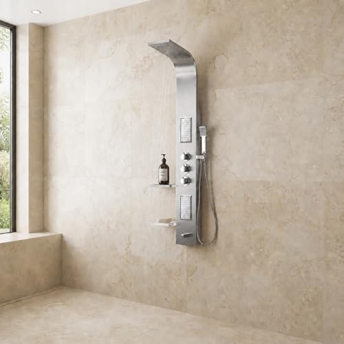ANZZI Shower Panel Tower, Field 58 Inch Long Turbo High Pressure Shower | Handheld Sprayer Type Free Reign Euro Grip With 60 Reach, Includes One 1 Mesa Full Body One 1 Heavy Rain Head