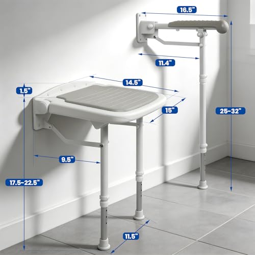 Folding Shower Seat with Adjustable PU Grab Bar, 550lbs Heavy Duty Fold Down Bath Bench with Legs, Non-Slip Comfort Grip and Removable Cushion, Wall Mounted Chairs for Seniors - size: Shower Seat+Grab Bar+Legs