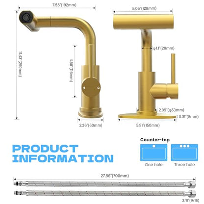 Gold Bathroom Faucet with Sprayer - Brushed Gold Bathroom Faucets for Sink 1 Hole or 3 Holes, 4 Mode Single Handle Vanity Faucet Waterfall Bathroom Faucet with Pull Down Sprayer (No Drain) - color: Gold
