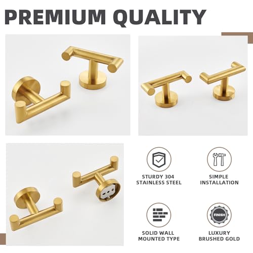 Brushed Gold Double Bathroom Robe Hooks, 2 Pack, Wall Mounted | Rustproof 304 Stainless Steel, Heavy-duty 11lbs Towel Hooks for Robes, Coats, Bags, Shower, Kitchen, Entryway Storage Hooks - color: Brushed Gold