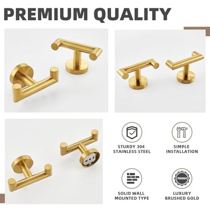 Brushed Gold Double Bathroom Robe Hooks, 2 Pack, Wall Mounted | Rustproof 304 Stainless Steel, Heavy-duty 11lbs Towel Hooks for Robes, Coats, Bags, Shower, Kitchen, Entryway Storage Hooks - color: Brushed Gold