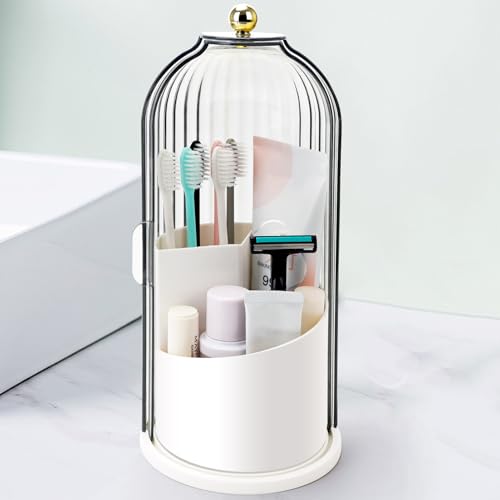 QIYVLOS Toothbrush Holders with Sliding Lid, Rotating 3 Slots Bathroom Organizer Countertop, Tooth Brush Toothpaste Holder Bathroom Counter Stand Sink Organizer Caddy for Vanity Makeup Brushes Holder - color: White+Transparent Black