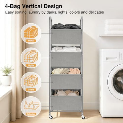 STO STO 4-Tier Vertical Rolling Laundry Hamper, Removable Bags, Gray Faric | 160L Capacity, Space-Saving Vertical Design, Rust-Resistant Steel Frame, Lockable Wheels, Ideal for Apartments & Small Spaces - color: Gray Faric, size: 4-Tier