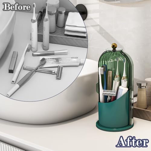Toothbrush and Toothpaste Holders with Cover, All Green | Waterproof and Dustproof, 360° Rotating Base, Smooth Sliding Door, 3 Slots, for Bathroom Countertop - color: All Green
