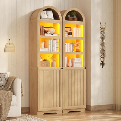 72" Tall Arched Narrow Bathroom Storage Cabinet with Lights, Slim Storage Cabinet with Adjustable Shelves for Small Spaces, Farmhouse Style (Oak) - color: Oak
