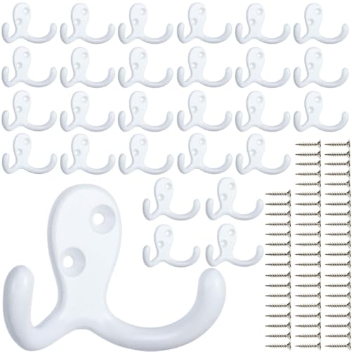 IBosins 28 Pack White Double Prong Coat Hooks Wall Mounted with 56 Screws | Heavy Duty Retro Double Utility Hooks for Coat, Scarf, Bag, Towel, Key, Cap, Cup, Hat - color: 28 Pcs White