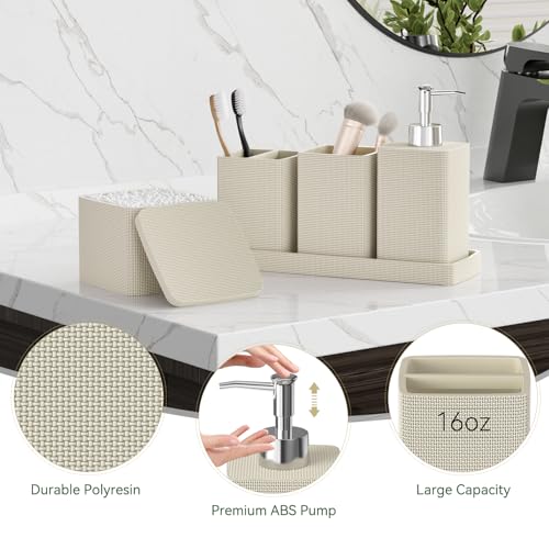 Beige Bathroom Accessories Set 5 Pieces, Resin Toothbrush Holders Set Complete with Soap Dispenser, Toothbrush Holder, Vanity Tray, Bathroom Tumbler and Qtip Holder for Small Spaces - size: 5 Pcs Bathroom Set, style: Beige