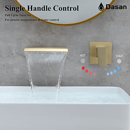 DASAN Wall Mount Waterfall Bathroom Faucet Brushed Gold in Wall Sink Faucet, Single Handle Wall Mounted Modern Faucet for Bathroom with Upgraded Rough in Valve, DA-TFD3BG-NH - color: Brushed Gold
