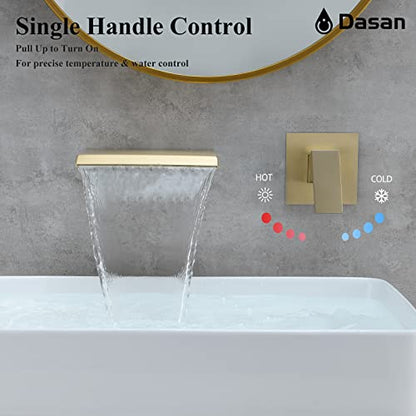 DASAN Wall Mount Waterfall Bathroom Faucet Brushed Gold in Wall Sink Faucet, Single Handle Wall Mounted Modern Faucet for Bathroom with Upgraded Rough in Valve, DA-TFD3BG-NH - color: Brushed Gold