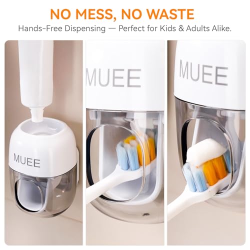 Toothbrush Holder Wall Mounted with Automatic Toothpaste Dispenser, Dustproof Flip Cover and Inverted Cup Slots, Multi-Functional No-Drill Bathroom Organizer for Family, Space Saver (3 Cups)
