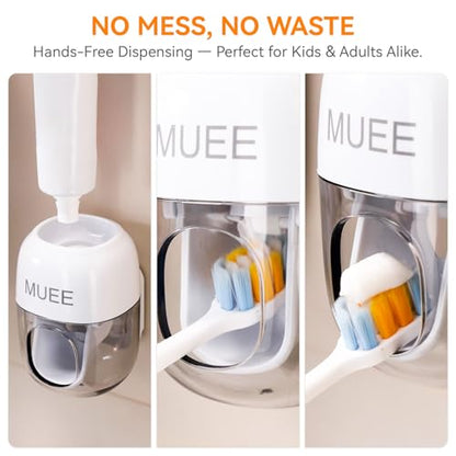 Toothbrush Holder Wall Mounted with Automatic Toothpaste Dispenser, Dustproof Flip Cover and Inverted Cup Slots, Multi-Functional No-Drill Bathroom Organizer for Family, Space Saver (3 Cups)