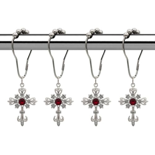 12Pcs Cross Shower Curtain Hooks Rings, Christian Shower Curtain Hook | Rustproof Stainless Steel Silver Curtain Hooks, Home Bathroom Decorative Shower Rod Hardware Accessories - color: Silver