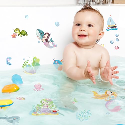 PRATIQUE Non Slip Bathtub Stickers, 6 Pages Underwater World Mermaid | Sea Organisms Stickers, Adhesive Kids Anti Slip Decal Threads, Shower Floor and Bath Tub Decals, Premium Scraper - color: Mermaid