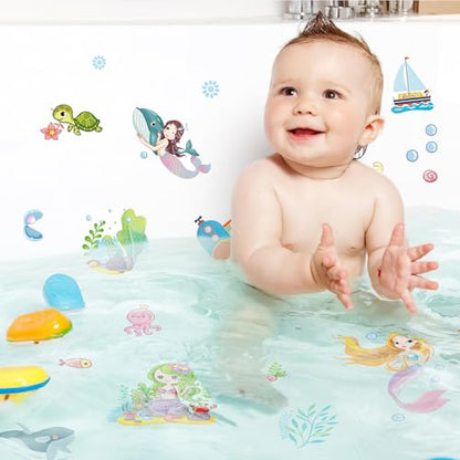 PRATIQUE Non Slip Bathtub Stickers, 6 Pages Underwater World Mermaid | Sea Organisms Stickers, Adhesive Kids Anti Slip Decal Threads, Shower Floor and Bath Tub Decals, Premium Scraper - color: Mermaid