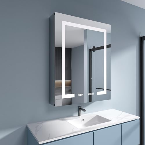 LED Medicine Cabinet 24x30 Anti-Fog Mirror Dimmable Recessed Mount | 3 Color Dimmable LED. Time Temp Display. Anti-Fog IP44. 2 Outlets+2 USB. Plug-in/Hardwired. Recessed/Wall Mount. Right Hinge. - size: 24x30"R, style: Style-A