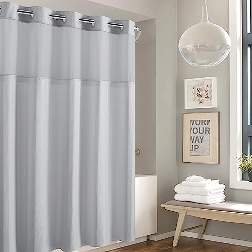 Hookless It’s A Snap! Waffle Stripe Shower Curtain, 2-in-1 Shower Curtain Includes Fabric Shower Curtain with Sheer Top Window and Flex-On Rings, Liner Compatible, 71” x 74”, Light Grey - color: Light Grey Stripe, size: 71"W x 74"L (Pack of 1), style: Wit