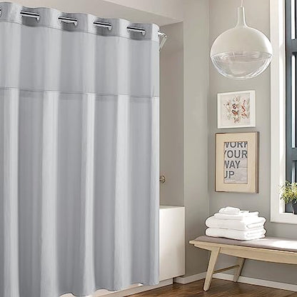 Hookless It’s A Snap! Waffle Stripe Shower Curtain, 2-in-1 Shower Curtain Includes Fabric Shower Curtain with Sheer Top Window and Flex-On Rings, Liner Compatible, 71” x 74”, Light Grey - color: Light Grey Stripe, size: 71"W x 74"L (Pack of 1), style: Wit